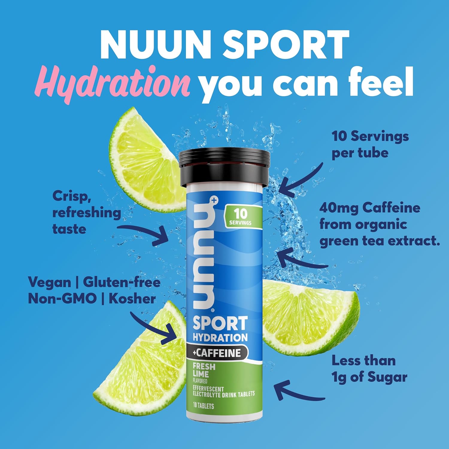 Nuun Sport + Caféine électrolytes, citron vert frais, 1 tube (10 portions)